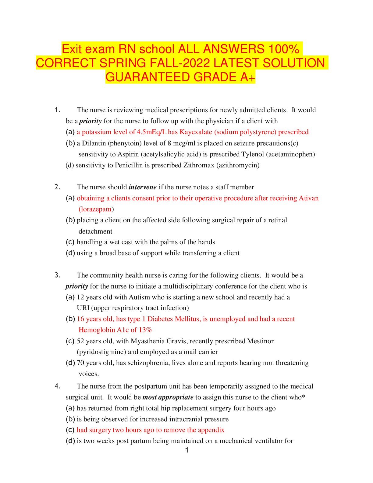 Preview image for Exit exam RN school ALL ANSWERS 100% CORRECT SPRING FALL-2022 LATEST SOLUTION GUARANTEED GRADE A+
